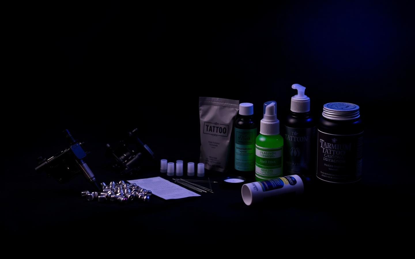 Premium tattoo supplies arranged on a dark surface